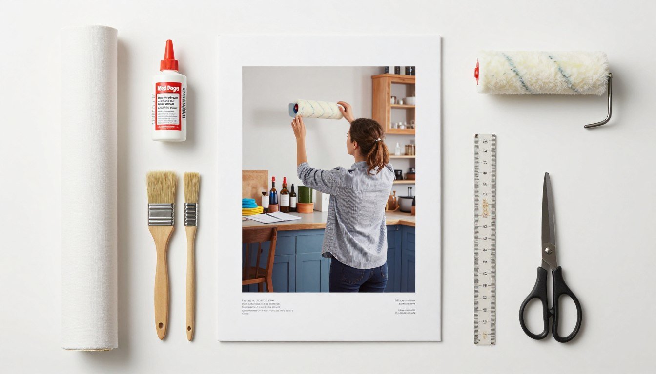 Materials needed for a Poster to Canvas DIY project including canvas, poster, Mod Podge, brushes, and tools