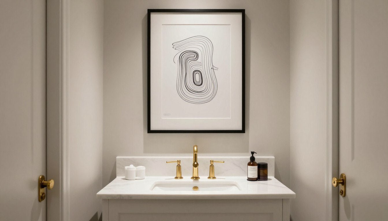 Elegant powder room with black and white line art print above a floating vanity