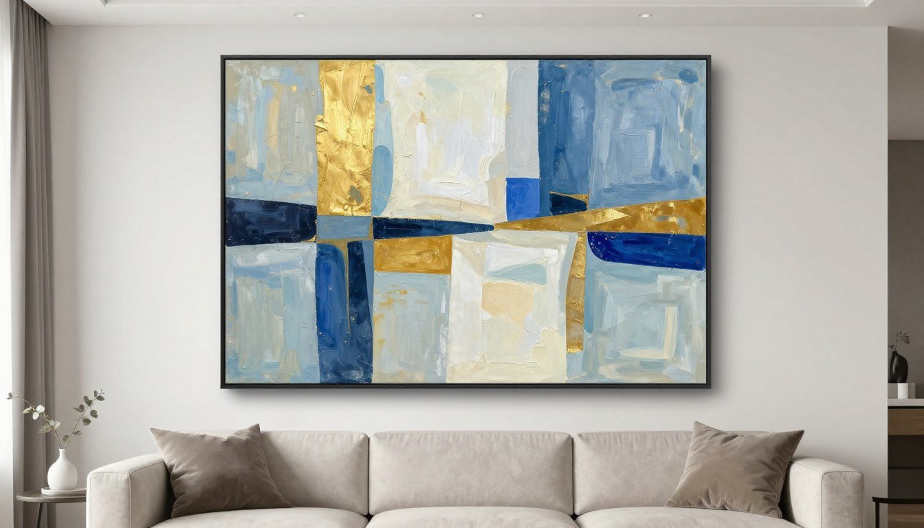 Quadro astratto dipinto a mano con colori vivaci appeso in soggiorno moderno