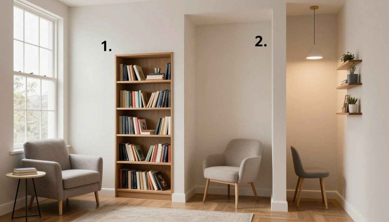 Four different types of reading corner setups showing window corner, empty wall corner, bedroom reading nook, and hallway niche 