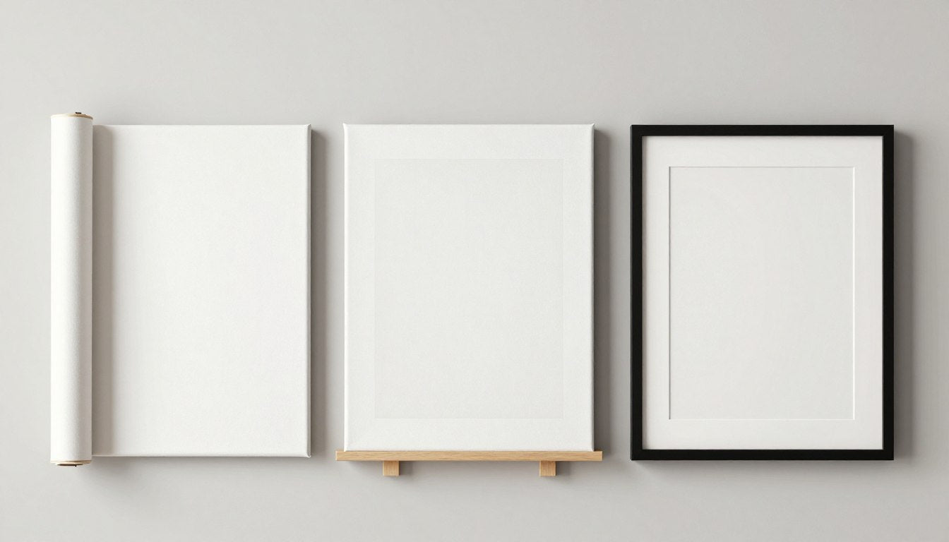 Three canvas art formats side by side: rolled canvas, stretched canvas, and framed canvas with the same artwork