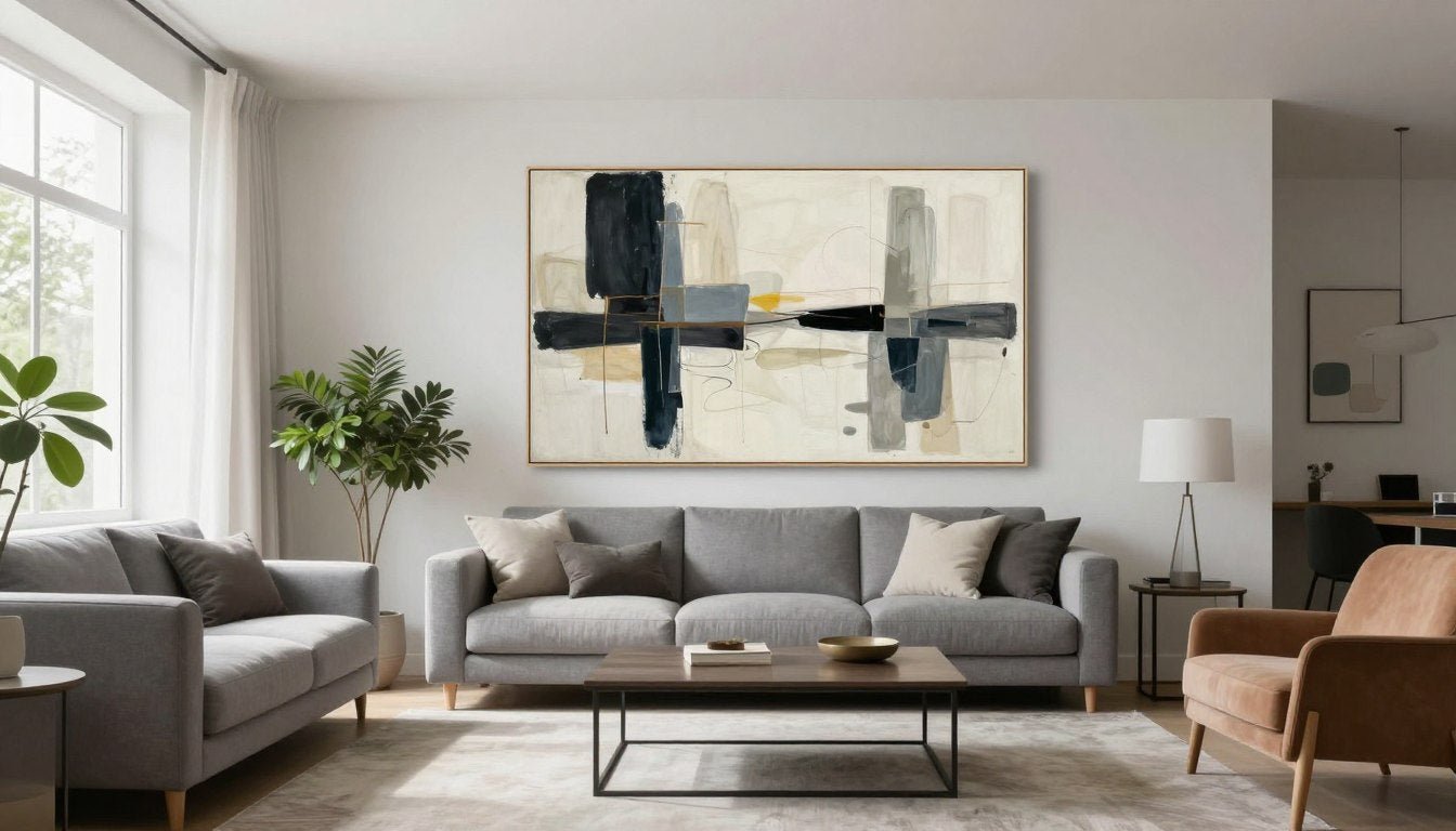 modern living room with canvas wall art and contemporary furniture