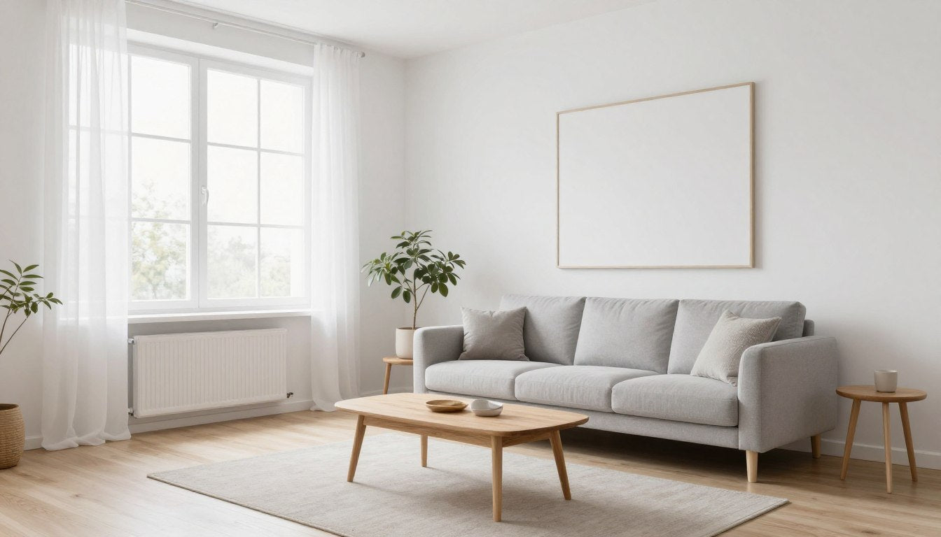 Bright Scandinavian living room with natural wood elements, white walls, and textural accents
