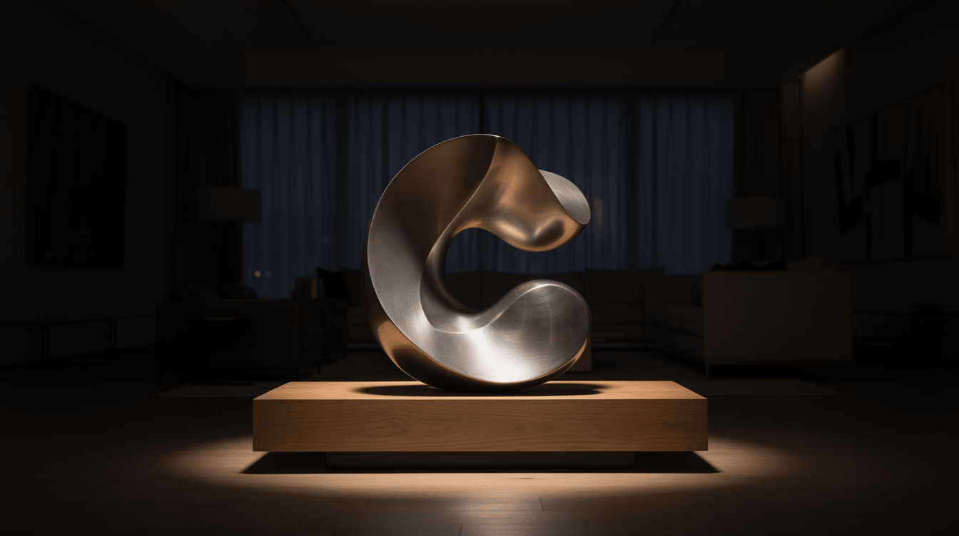 Sculpture home decor – abstract stainless steel floor sculpture in a modern living room by Rossetti Art