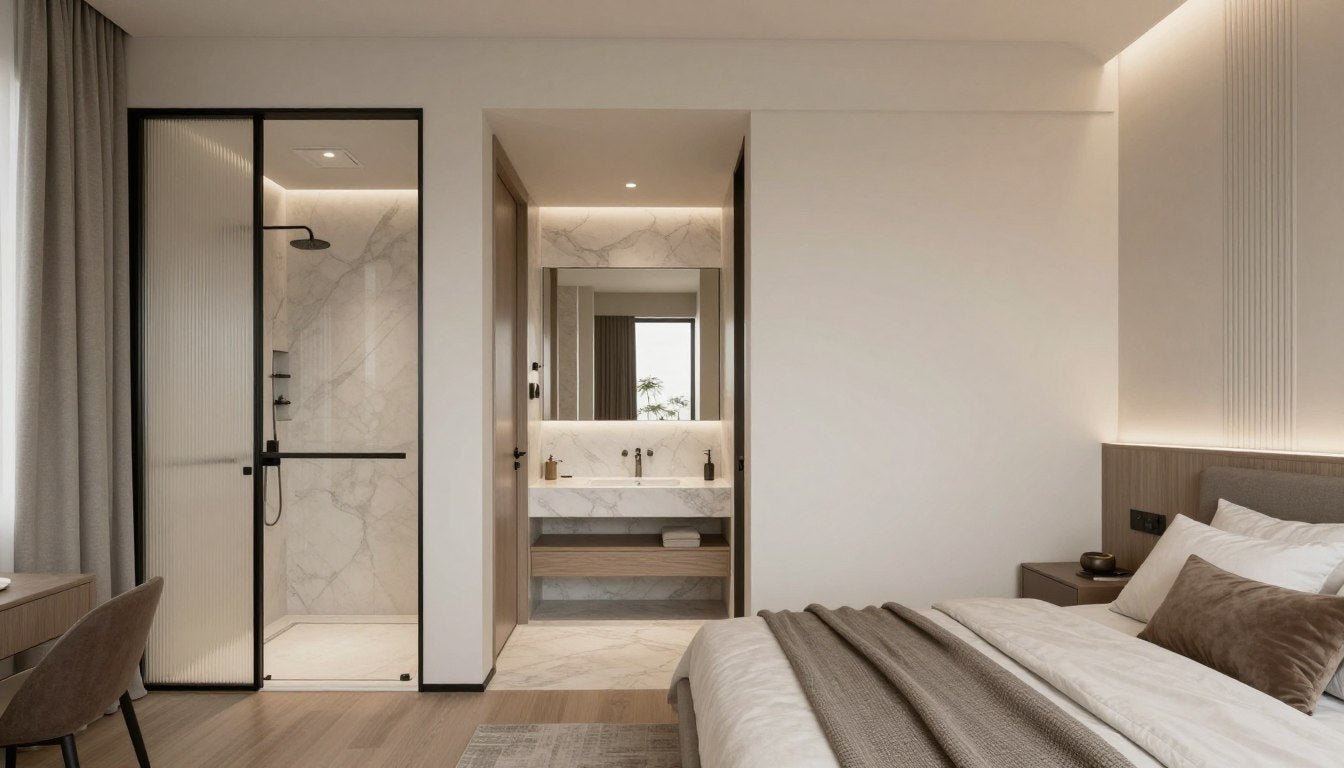 coordinated bedroom and bathroom design with matching color palette and complementary decor elements