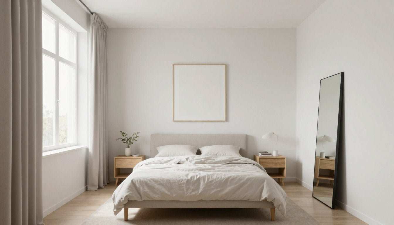 A bright small bedroom with strategic furniture placement and minimal decor