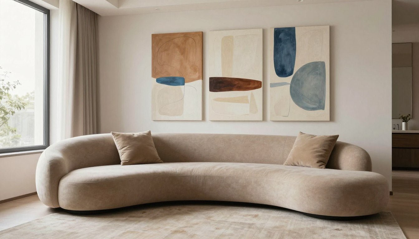 Modern curved sofa in living room with abstract canvas art on wall showcasing 2026 interior design trends