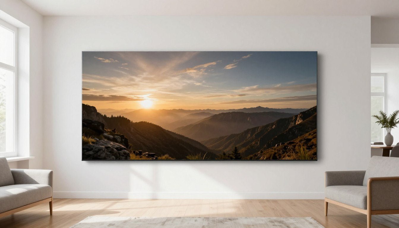 Stor tavla 200x100 cm på vägg i modernt vardagsrum med skandinavisk inredning