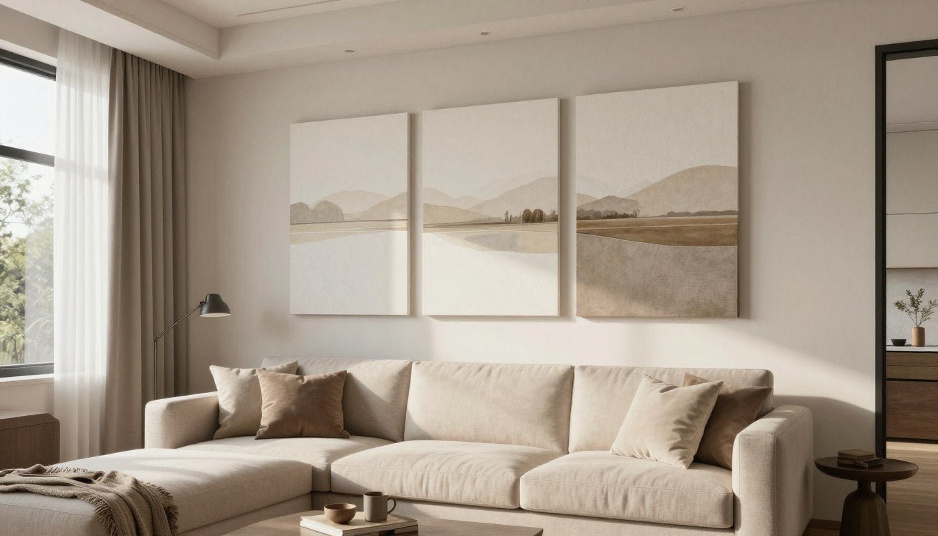 Sala moderna com telas decorativas em tons neutros acima do sofá