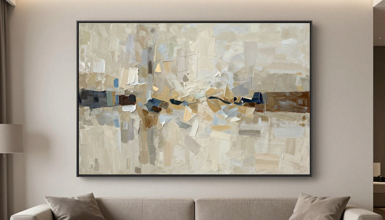 Textured original abstract painting with raised brushstrokes in living room setting