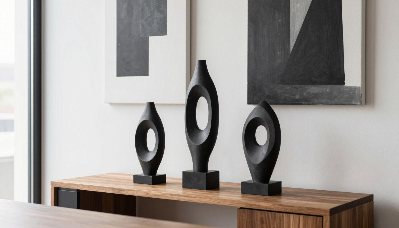 Modern tabletop sculptures displayed on a sleek office desk with complementary wall art in background