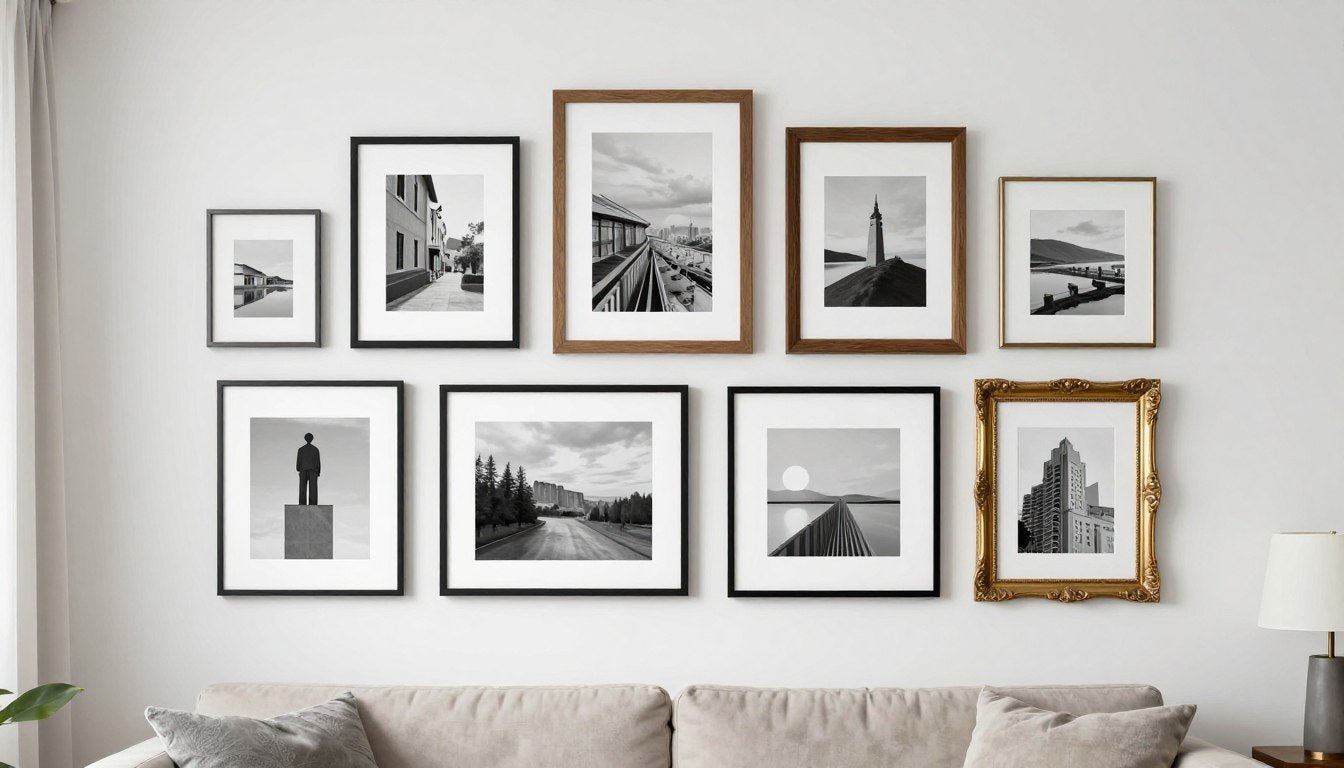 framed prints wall art displaying various frame styles in modern living room