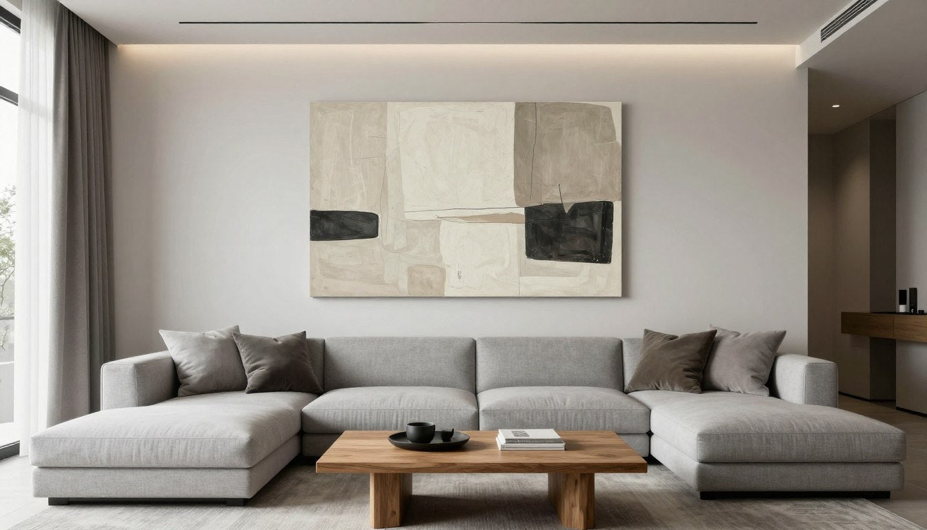 oversized wall art in modern living room above grey sofa