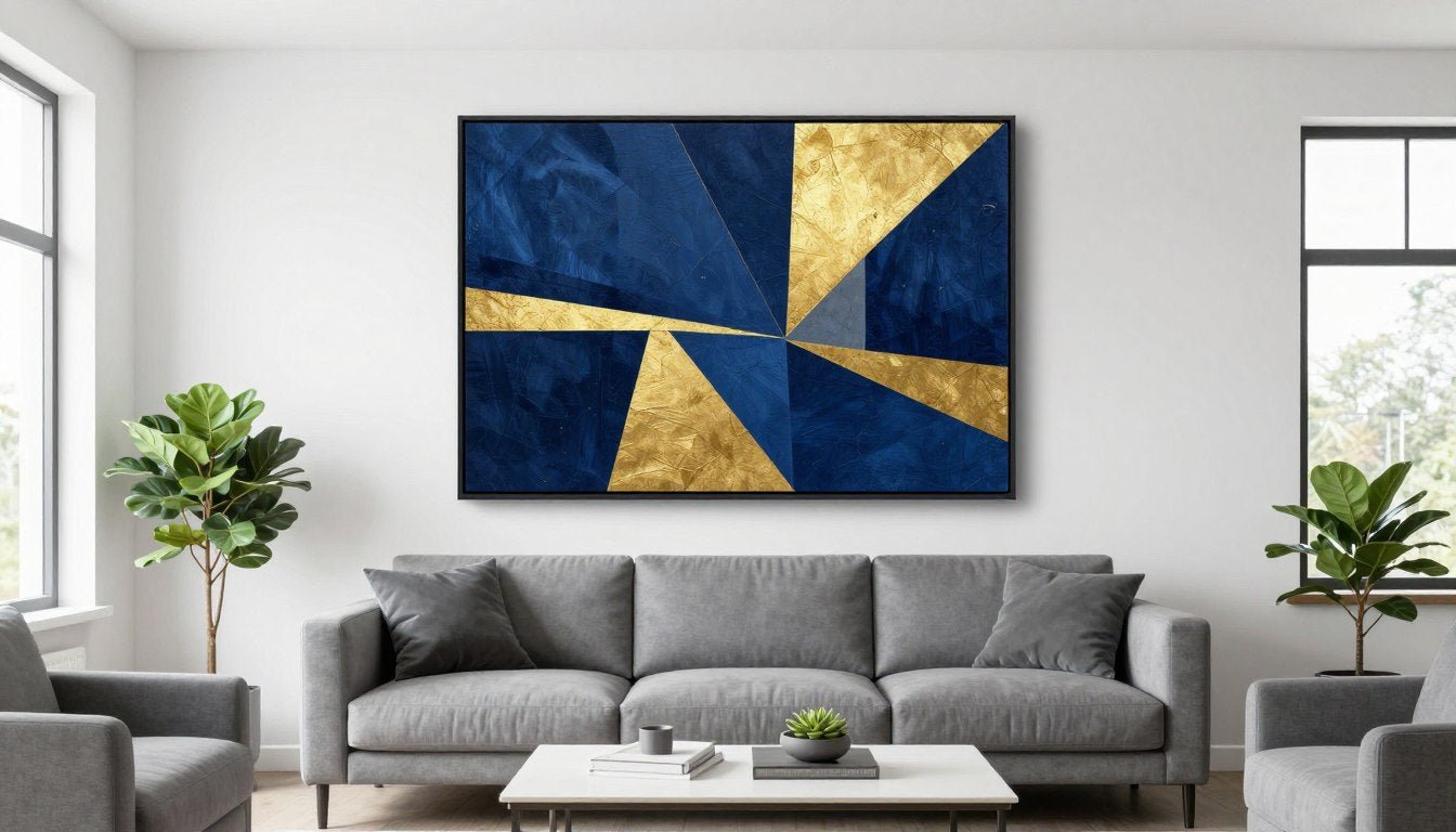 Modern living room with large abstract canvas print above gray sofa