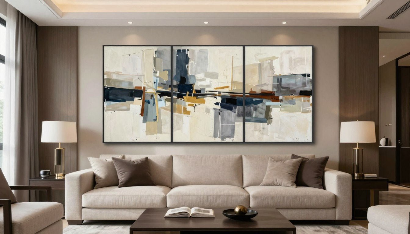 Elegant living room featuring a large triptych wall art piece above a modern sofa