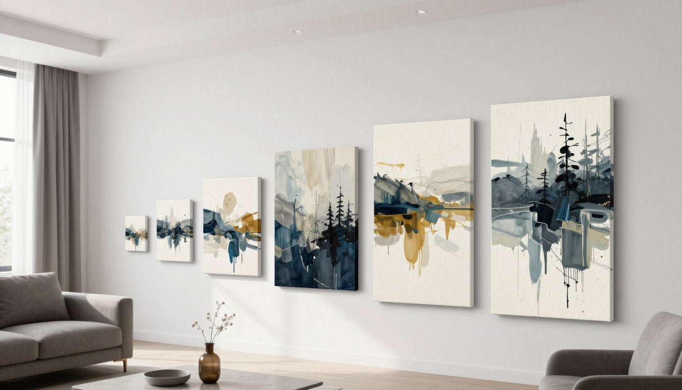 wall art sizing guide showing various canvas sizes on living room wall