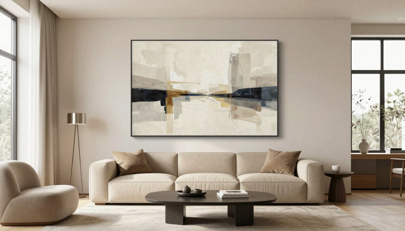toile murale grand format dans salon moderne avec canapé beige
