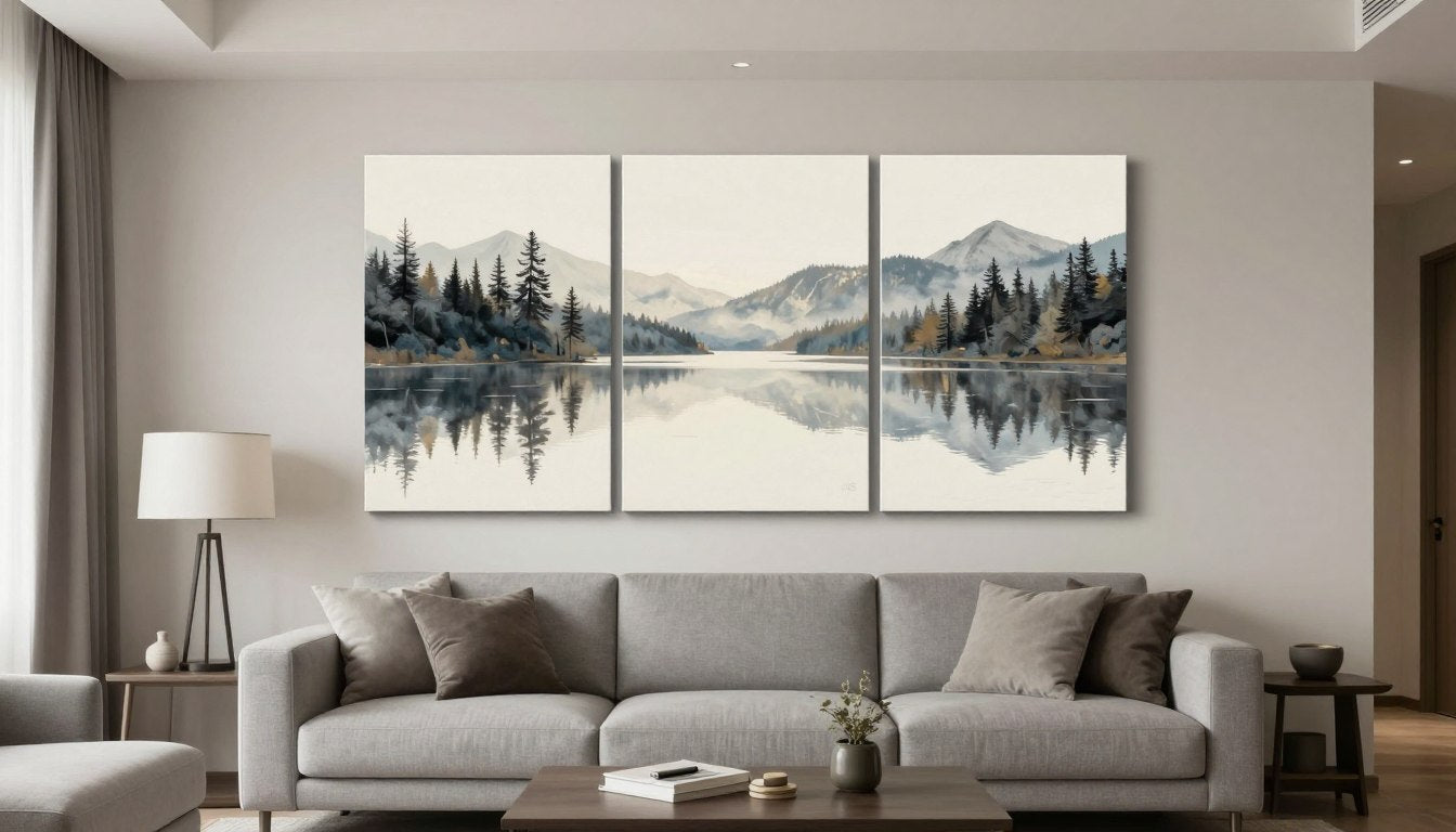 Toile murale grand format dans un salon moderne canadien avec canapé gris