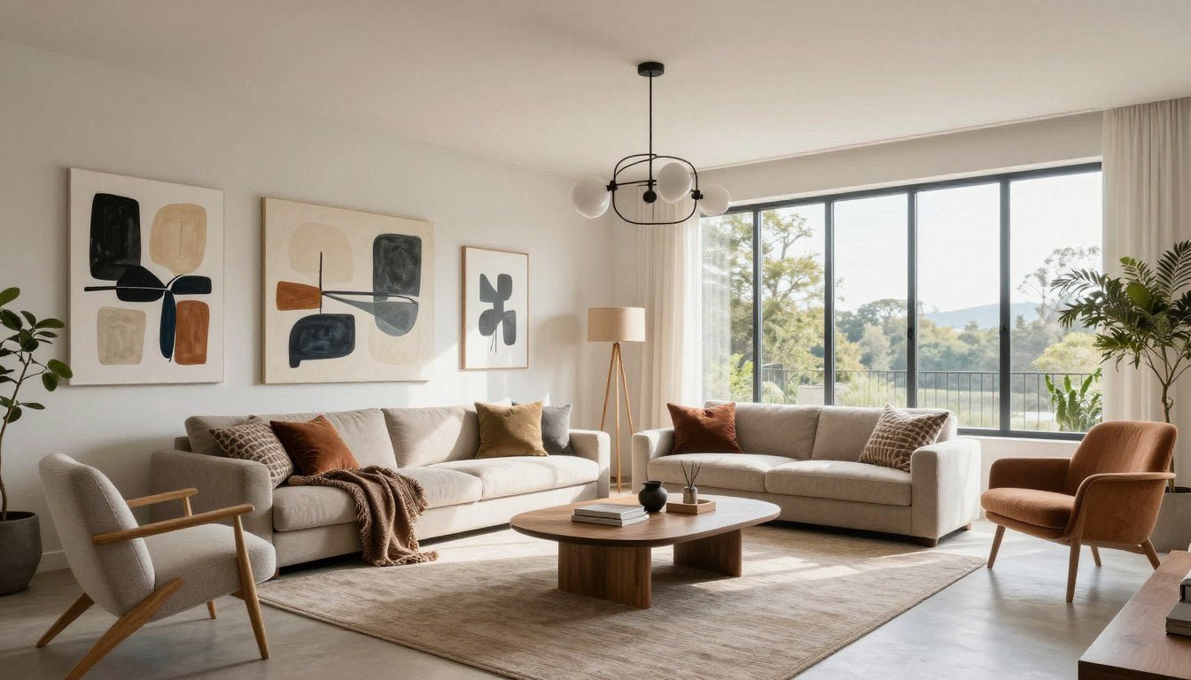 Types of Interior Design Styles Explained showcase featuring modern minimalist living room with abstract canvas art