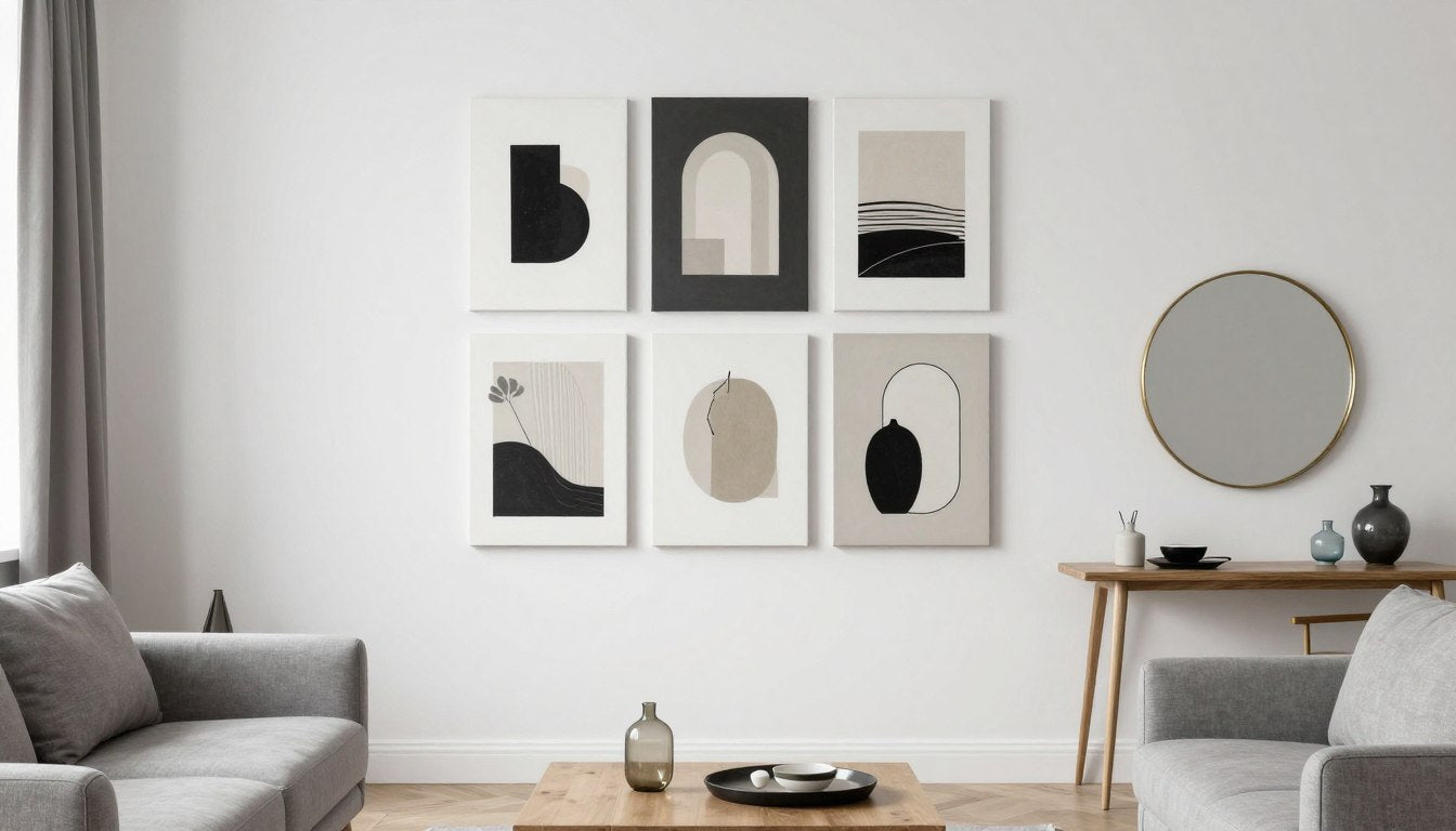 Väggdekoration inspiration med tavlor och spegel i vardagsrum