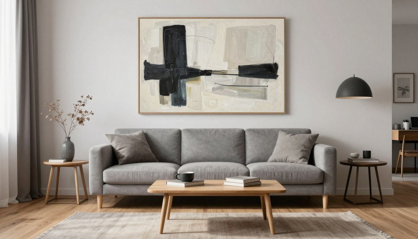 Modernt vardagsrum med abstrakt canvas tavla över soffa