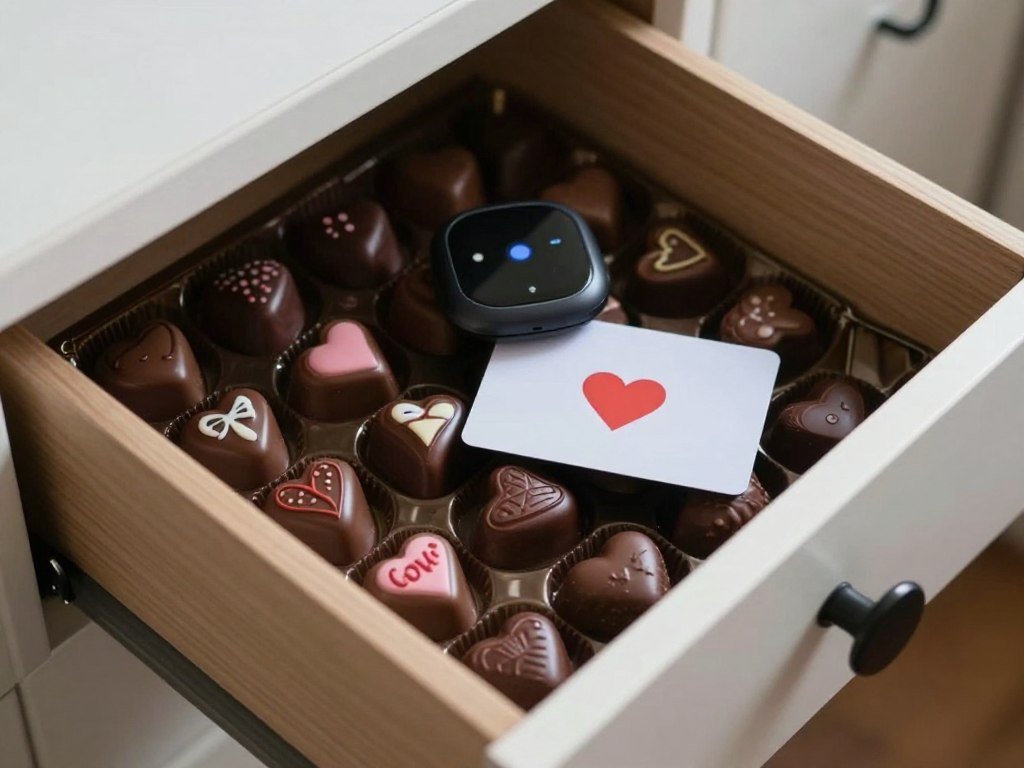 Traditional Valentine's Day gifts like chocolates and gadgets in a drawer