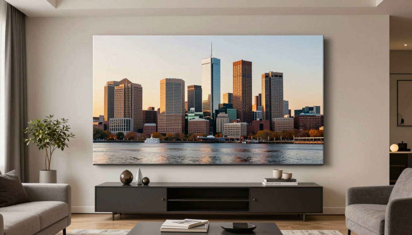 Boston city skyline at sunset with canvas print display