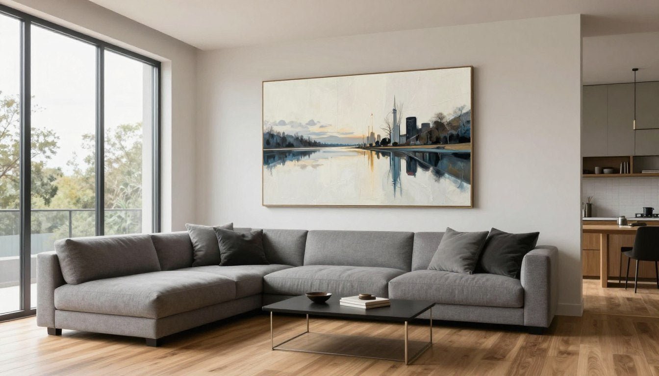 Modern Dallas living room with large canvas print above gray sofa