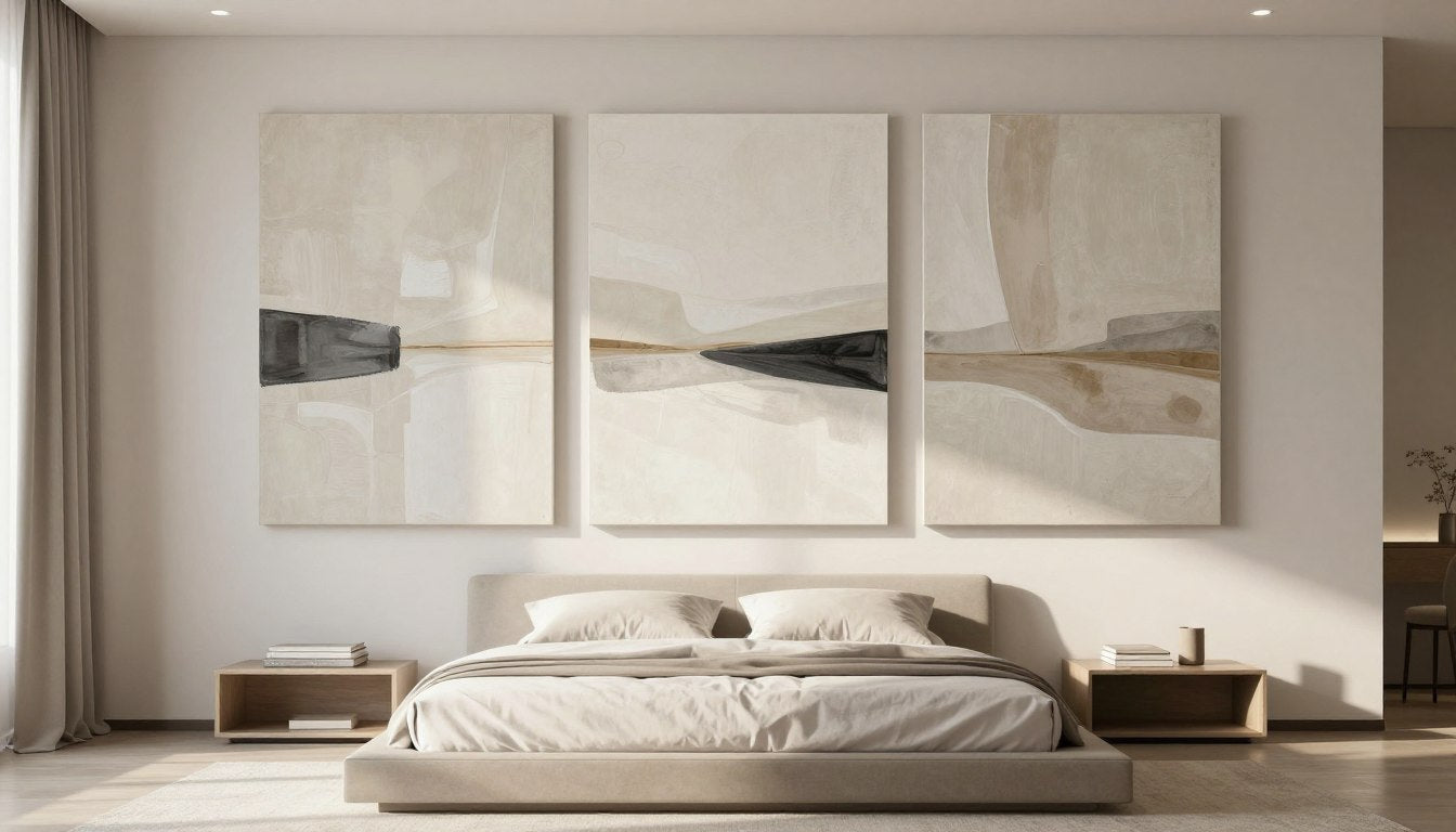serene bedroom with wall art for bedroom walls featuring abstract canvas prints above bed