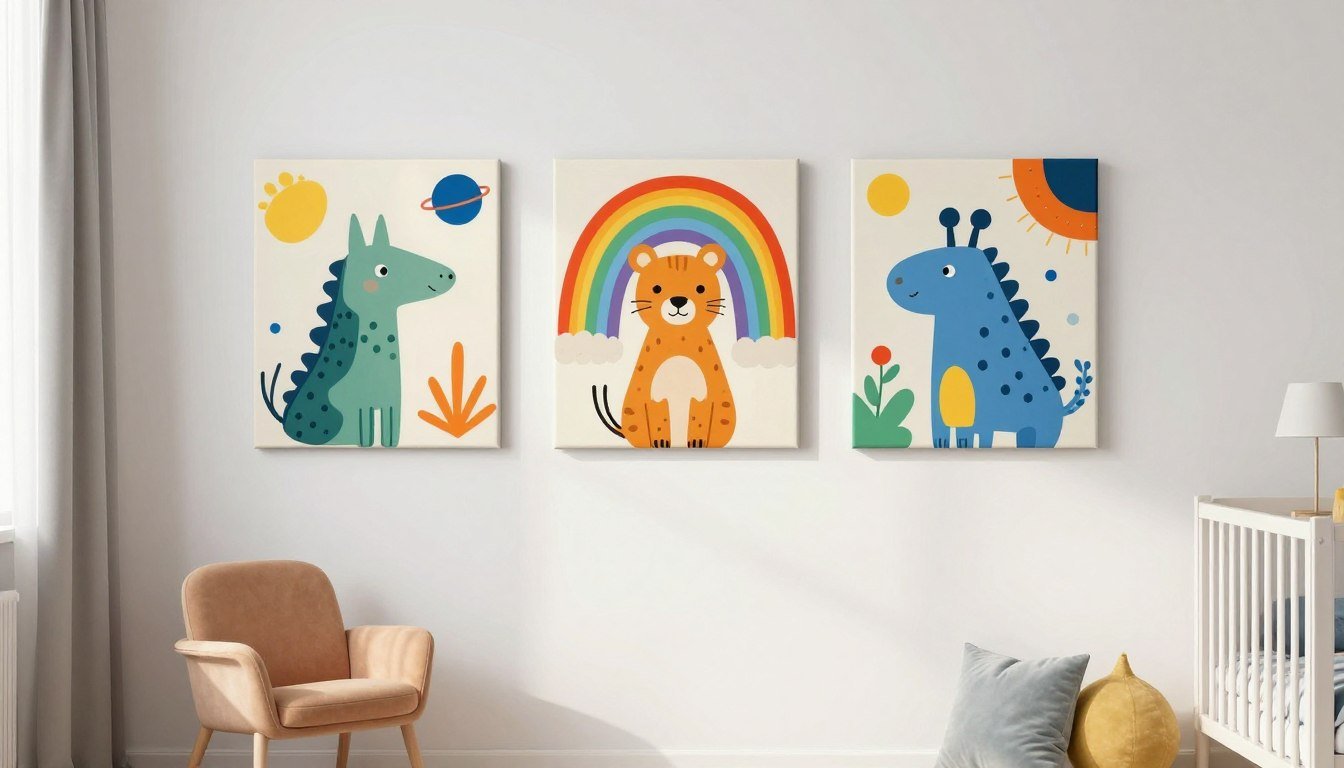 Colorful wall art for children's bedroom featuring playful animal characters and vibrant abstract shapes