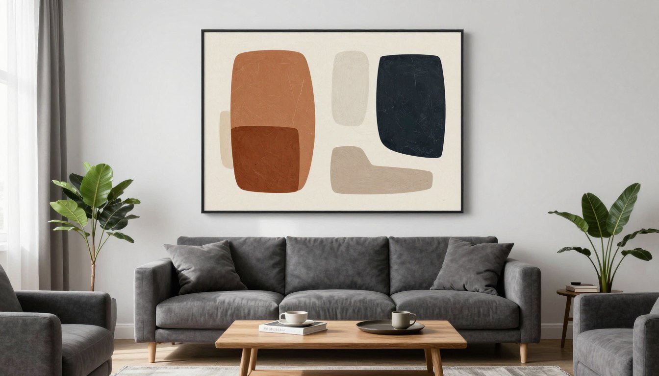Modern living room featuring large abstract canvas art above a grey sofa