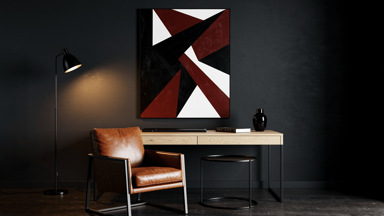 Masculine wall art in a bold, high-contrast modern interior