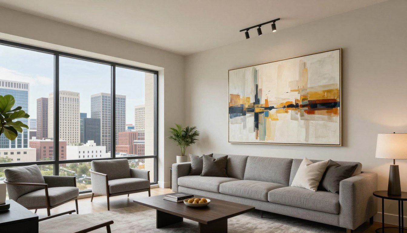 Modern Houston living room with large canvas wall art above sofa