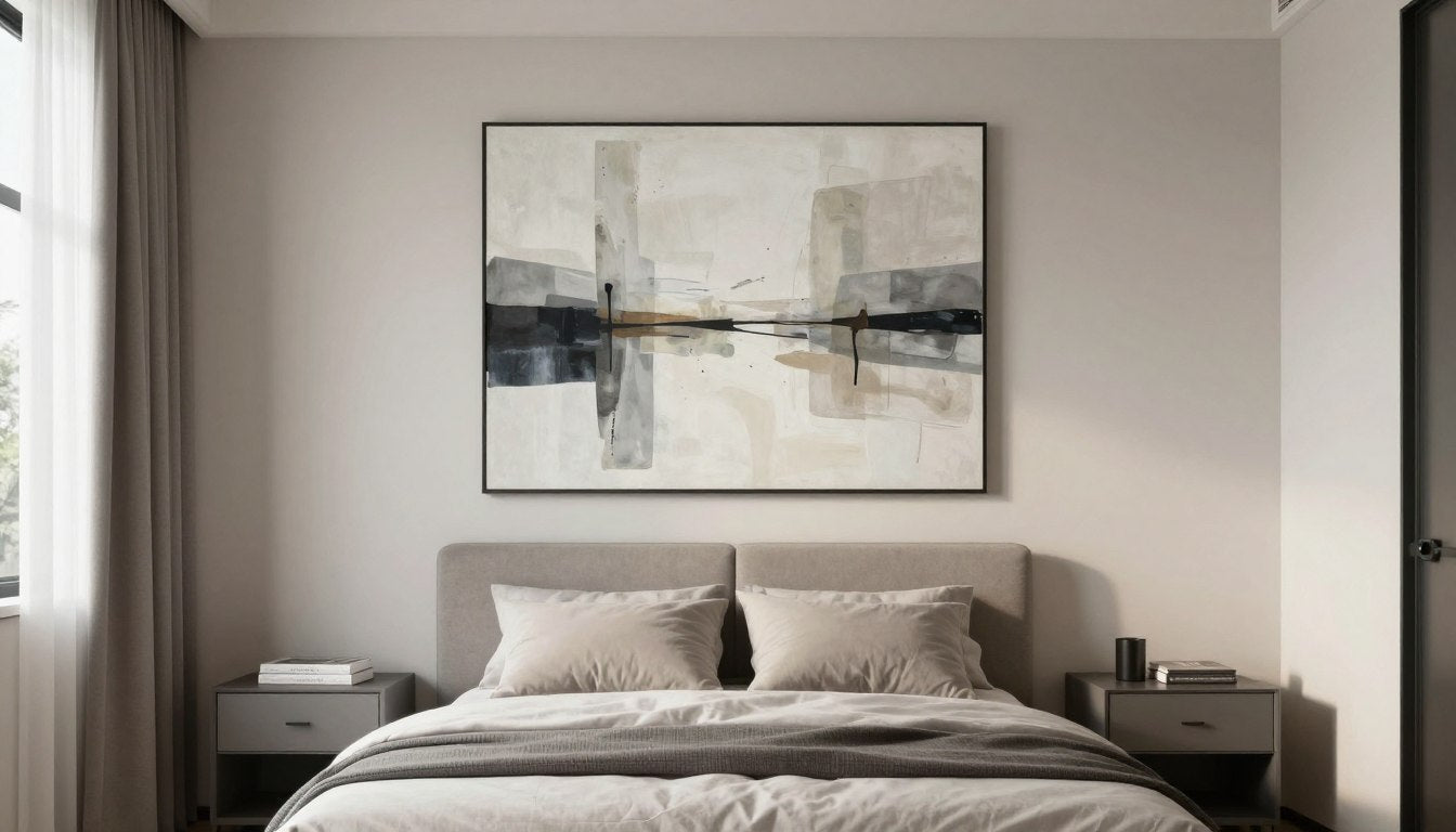 modern bedroom with abstract wall art above bed