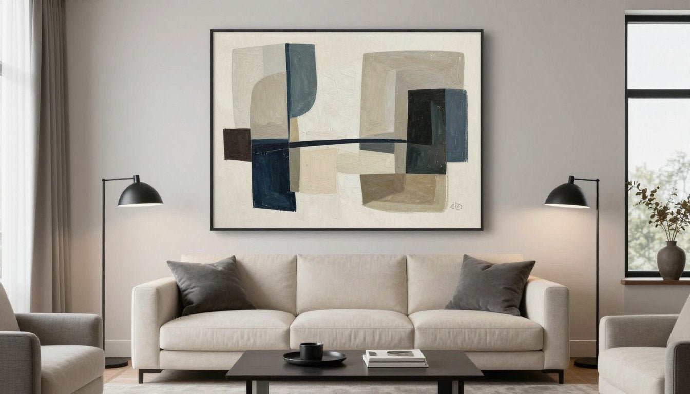 Modern living room with large abstract canvas art above neutral sofa