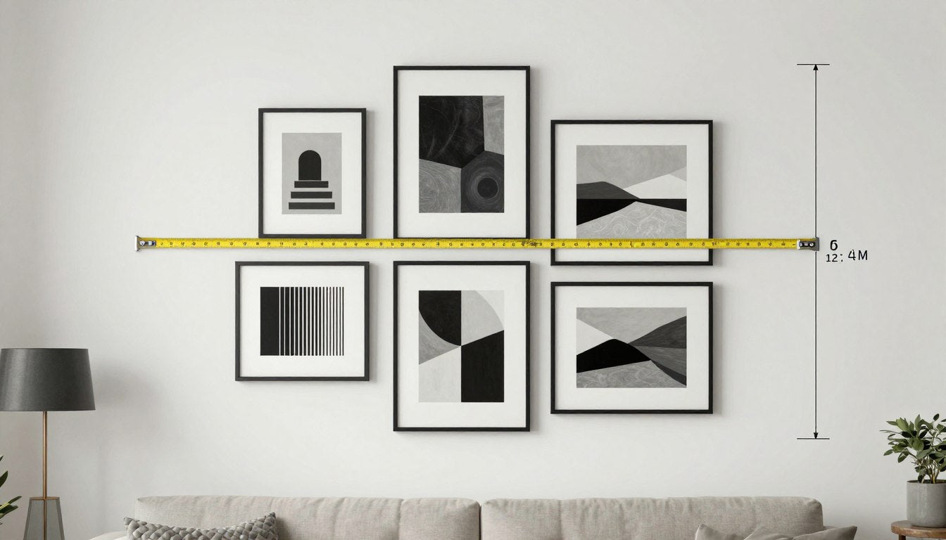 wall art size guide showing various frame sizes on living room wall
