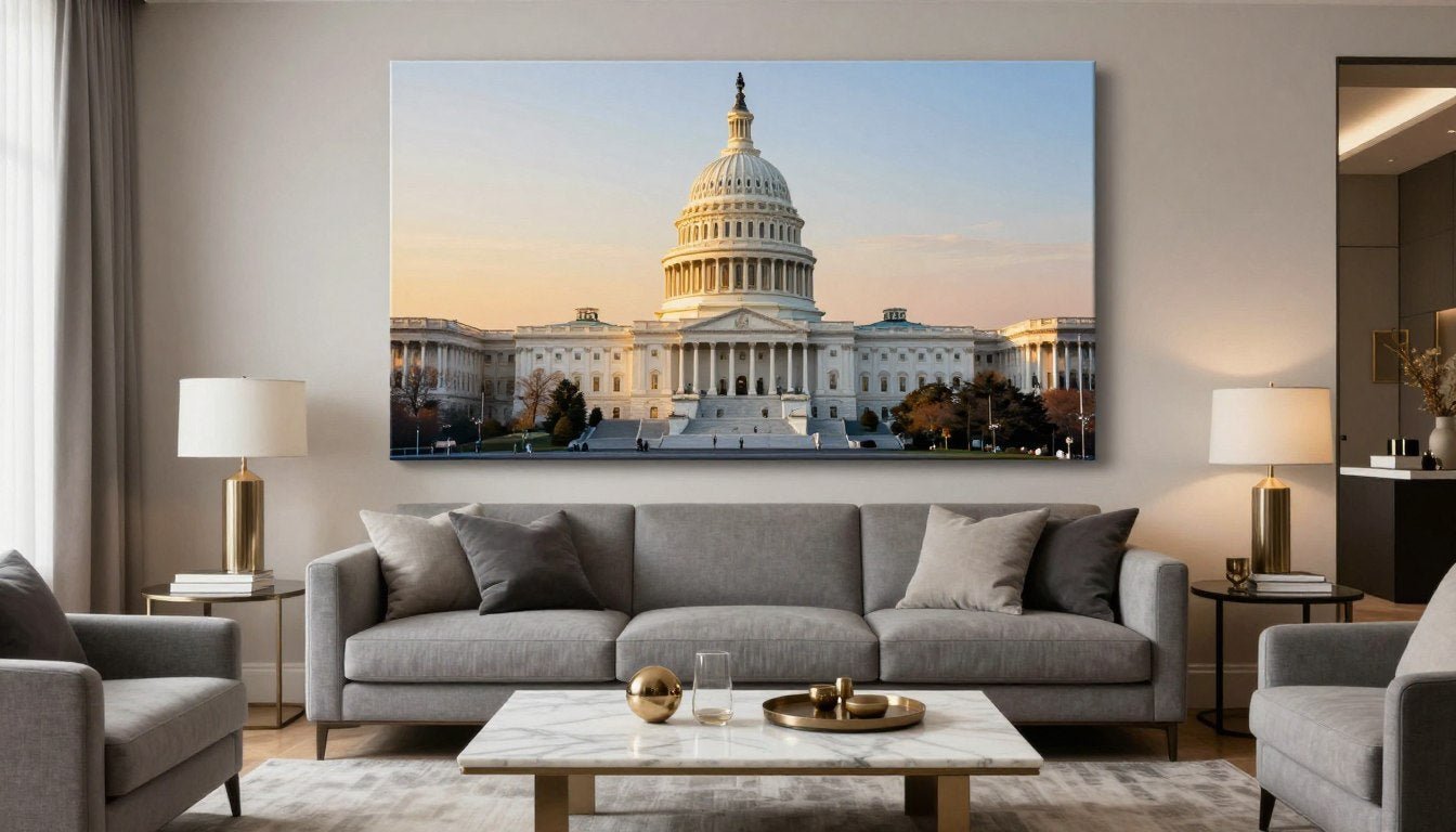 Modern Washington DC living room with capitol building wall art above contemporary sofa