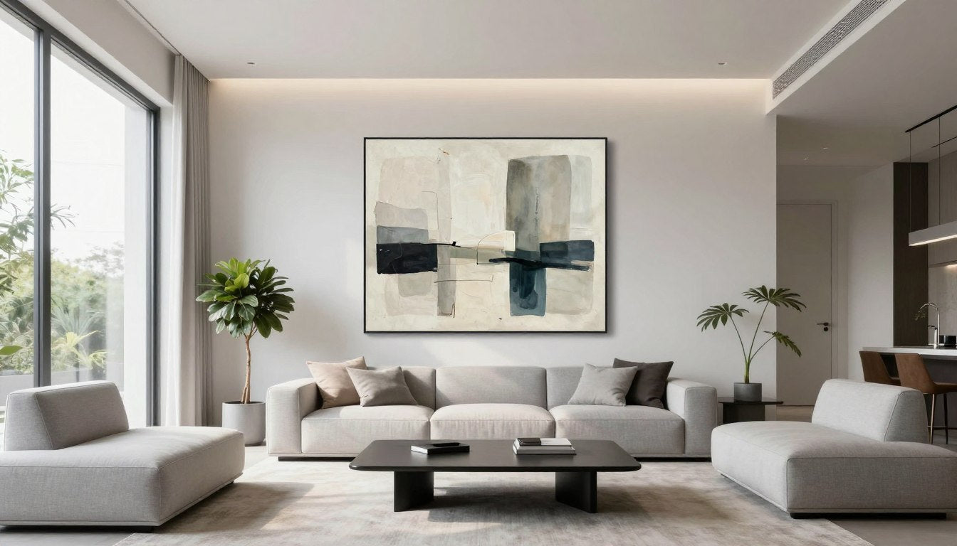 modern living room with large abstract canvas wall art above minimalist sofa