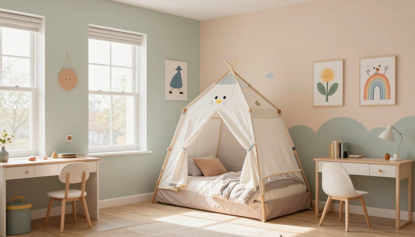Bright and colorful children's bedroom with painted walls featuring playful designs and canvas art