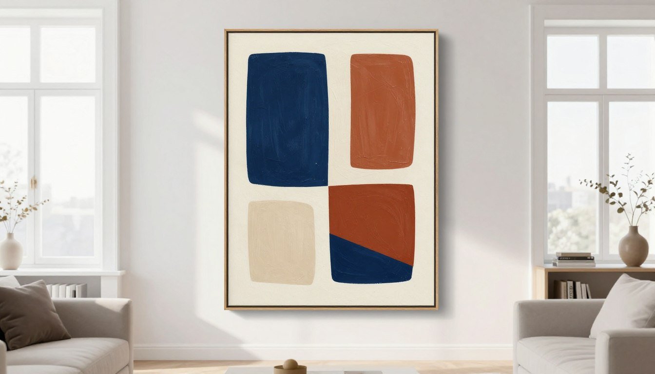 Modernes abstraktes Wandbild in einem hellen Wohnzimmer mit minimalistischer Einrichtung