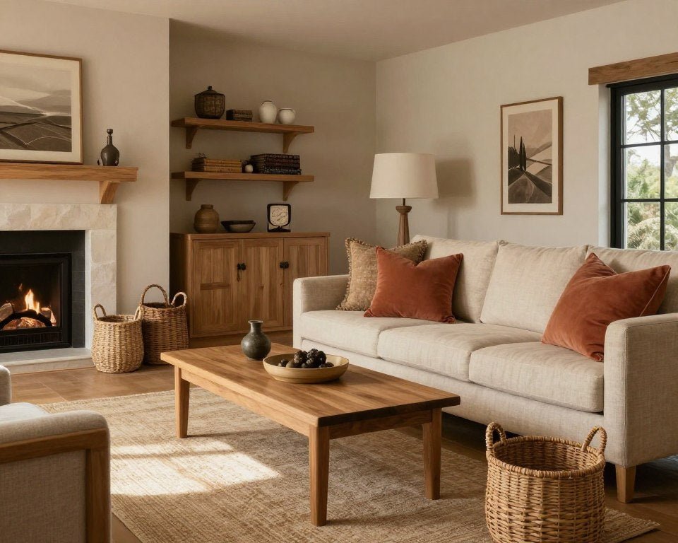 earthy living room decor with wood and earth tones