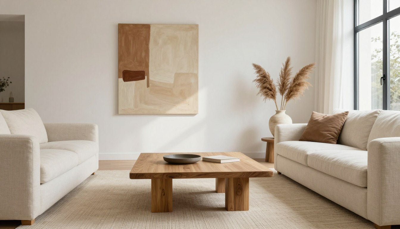 warm minimalism interior living room with natural wood furniture and neutral textiles