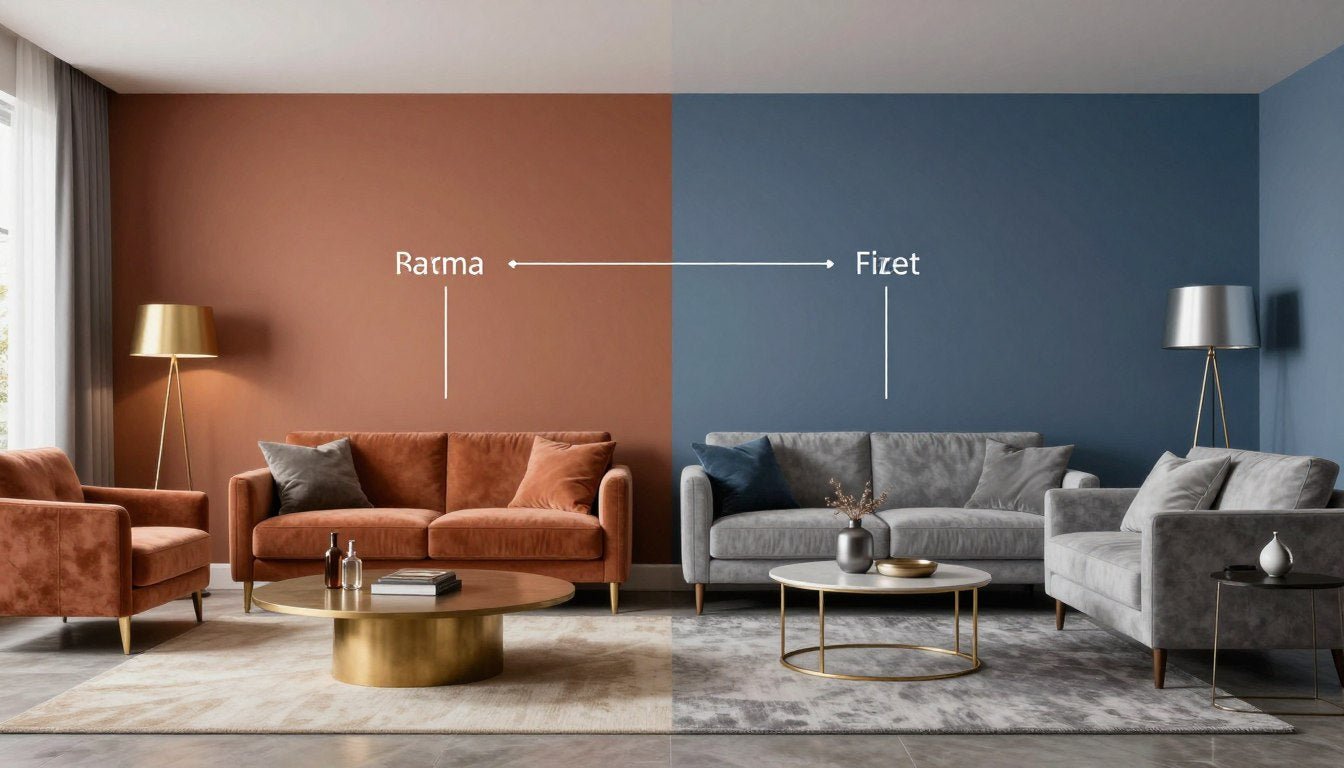Living room showing warm vs cool tones side by side with labeled elements