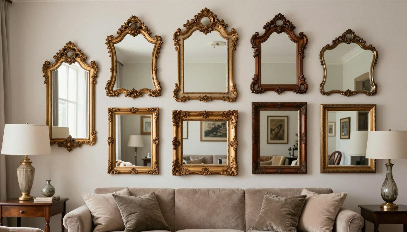 vintage mirror and frames displayed in elegant living room setting