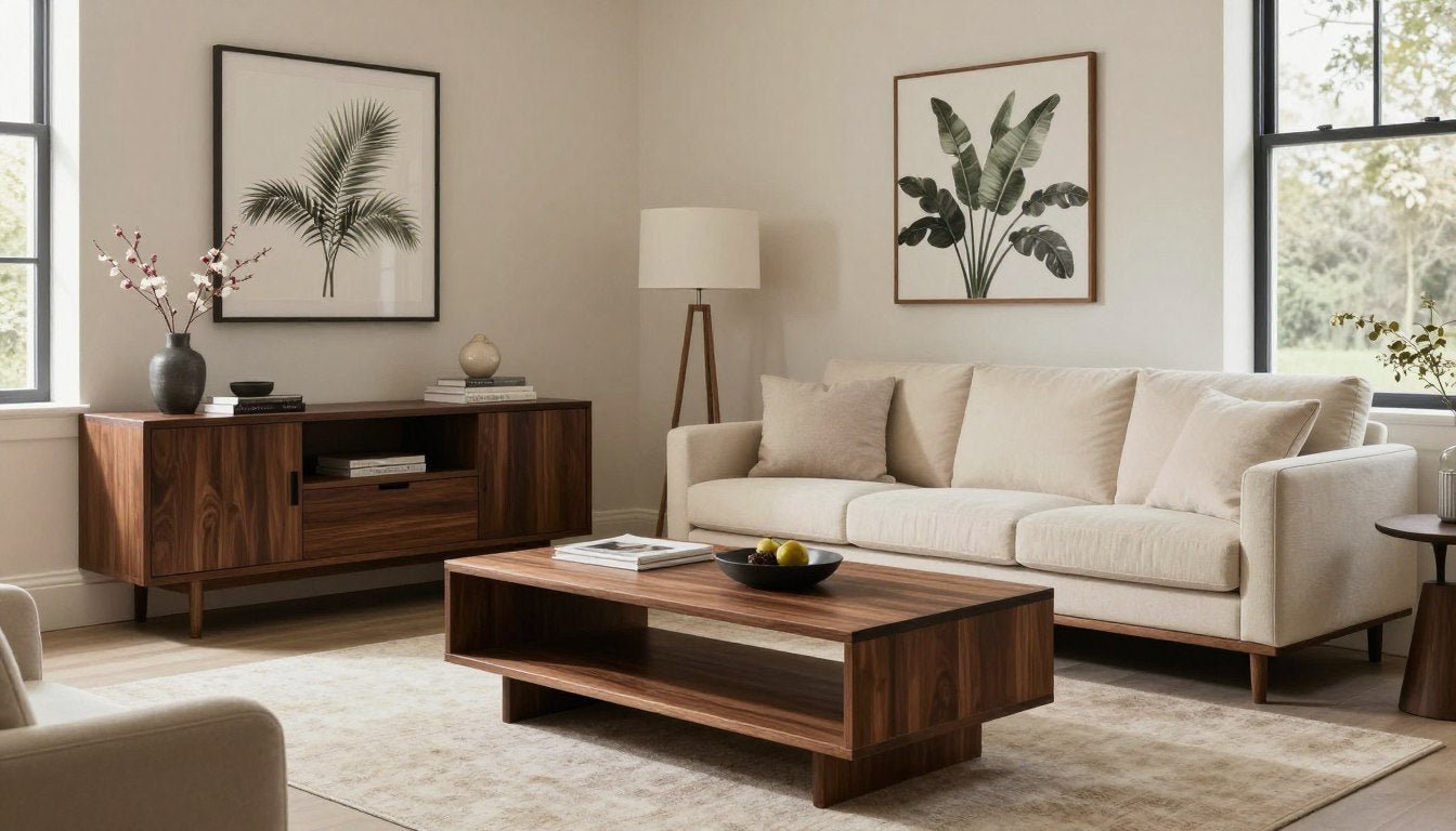 modern living room with dark brown furniture and neutral sofa color for dark brown furniture