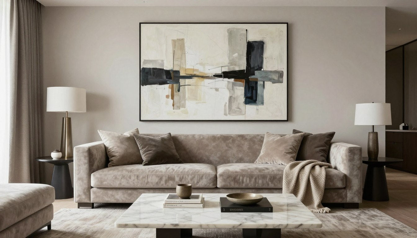 Luxurious modern living room with statement art and elegant textures