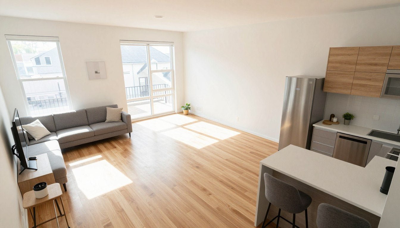 Modern studio apartment interior showing optimal space layout with furniture arrangement
