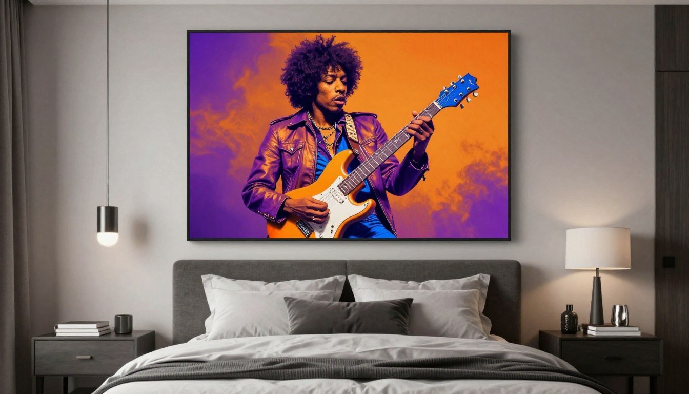 Jimi Hendrix wall art for bedroom featuring vibrant guitar artwork above bed