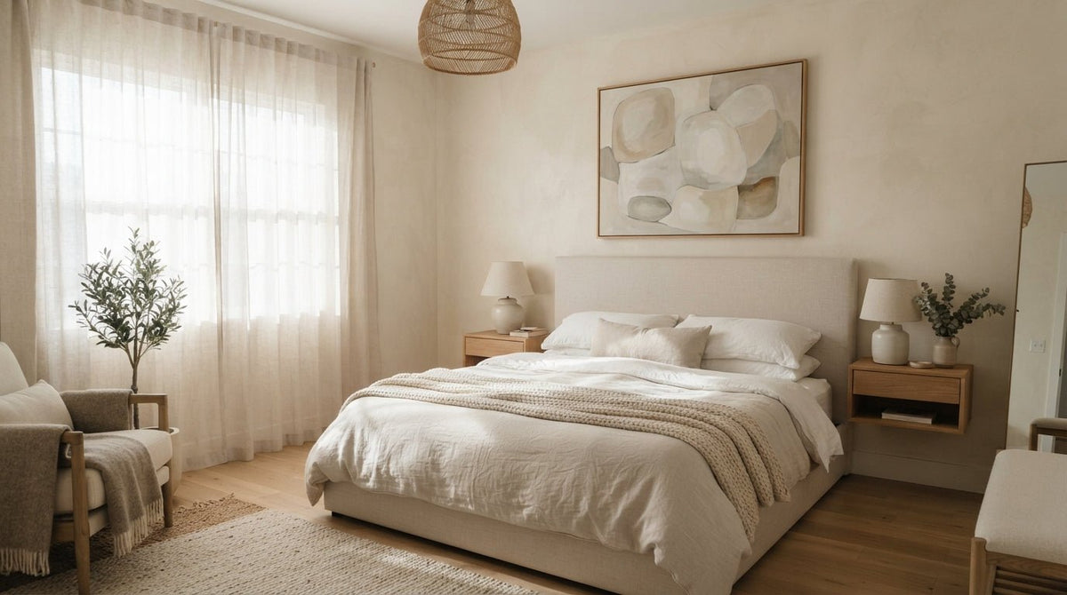 Calm master bedroom with a serene horizontal canvas artwork hung above a soft linen upholstered headboard