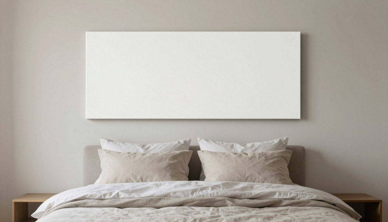 large horizontal canvas above queen bed showing proper 2/3 width proportion